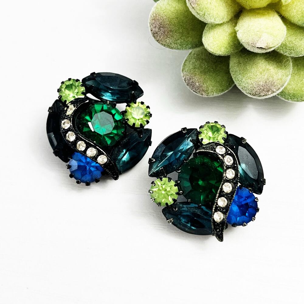 Vintage Green Crystal Cluster Clip Earrings - Very Wicked!
